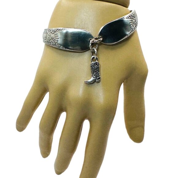 Vintage Silverware Boho Bracelet Artisan Crafted with Cowboy Western Boot Charm - Picture 1 of 15